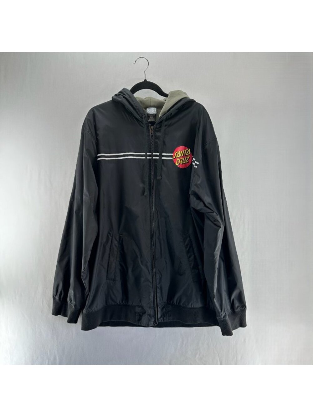 Santa Cruz Classic Dot Hooded Windbreaker Jacket XL Full Zip Fleece Lined Black